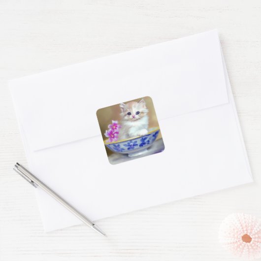 White Kitten Illustratie Vierkante Sticker (Envelop)