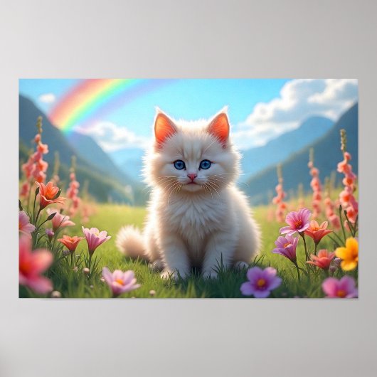 White Kitten in de Schilderachtig Fantasy Meadow Poster (Voorkant)
