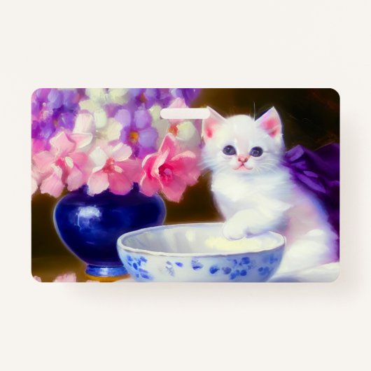  White Kitten met Paars lintje Badge (Voorkant)