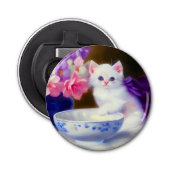  White Kitten met Paars lintje Button Flesopener (Voorkant)