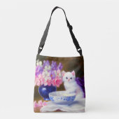 White Kitten met Paars lintje Crossbody Tas (Achterkant)