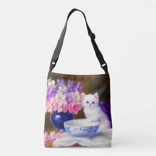  White Kitten met Paars lintje Crossbody Tas (Achterkant)