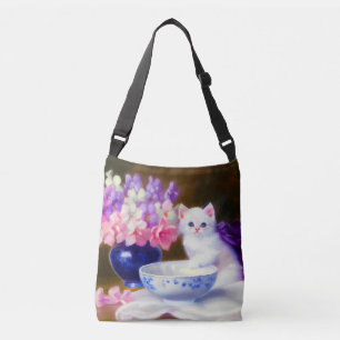 White Kitten met Paars lintje Crossbody Tas