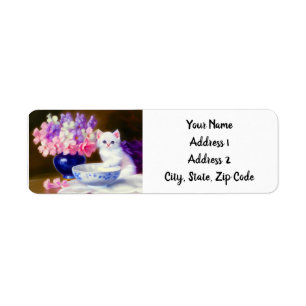 White Kitten met Paars lintje Etiket