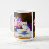  White Kitten met Paars lintje Koffiemok (Voorkant links)
