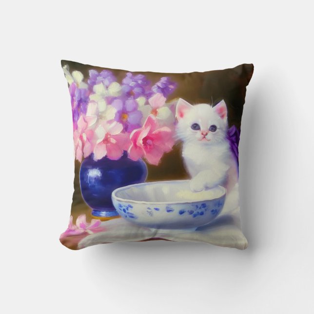  White Kitten met Paars lintje Kussen (Voorkant)