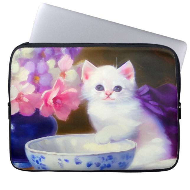  White Kitten met Paars lintje Laptop Sleeve (Voorkant)