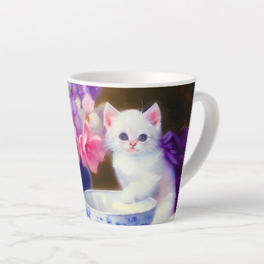 White Kitten met Paars lintje Latte Mok (Rechterhoek)