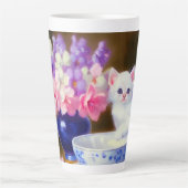 White Kitten met Paars lintje Latte Mok (Voorkant)