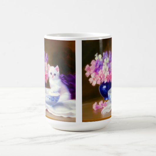  White Kitten met Paars lintje Magische Mok (Midden)