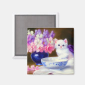 White Kitten met Paars lintje Magneet (Voorkant / Achterkant)