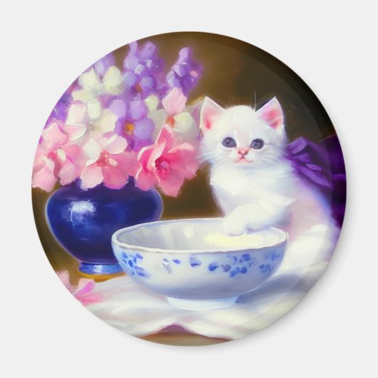 White Kitten met Paars lintje Magneet (Voorkant)