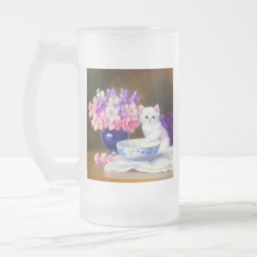  White Kitten met Paars lintje Matglas Bierpul (Links)