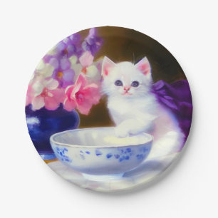 White Kitten met Paars lintje Papieren Bordje