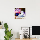 White Kitten met Paars lintje Poster (Thuiskantoor)