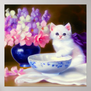  White Kitten met Paars lintje Poster