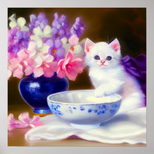White Kitten met Paars lintje Poster (Voorkant)