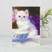 White Kitten met Paars lintje Save The Date (Staand voorkant)