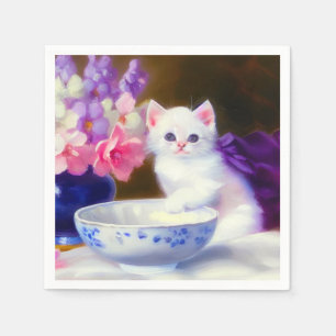  White Kitten met Paars lintje Servet