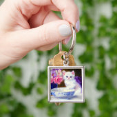  White Kitten met Paars lintje Sleutelhanger (Hand)