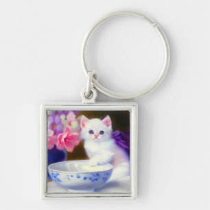  White Kitten met Paars lintje Sleutelhanger