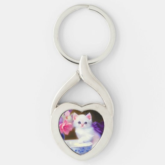 White Kitten met Paars lintje Sleutelhanger (Voorkant)