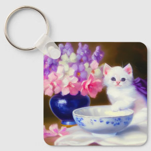  White Kitten met Paars lintje Sleutelhanger