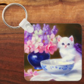  White Kitten met Paars lintje Sleutelhanger (Voorkant)