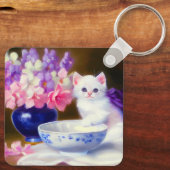  White Kitten met Paars lintje Sleutelhanger (Achterkant)