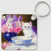  White Kitten met Paars lintje Sleutelhanger (Achterkant)