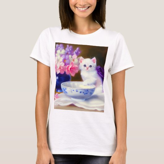 White Kitten met Paars lintje T-shirt (Voorkant)