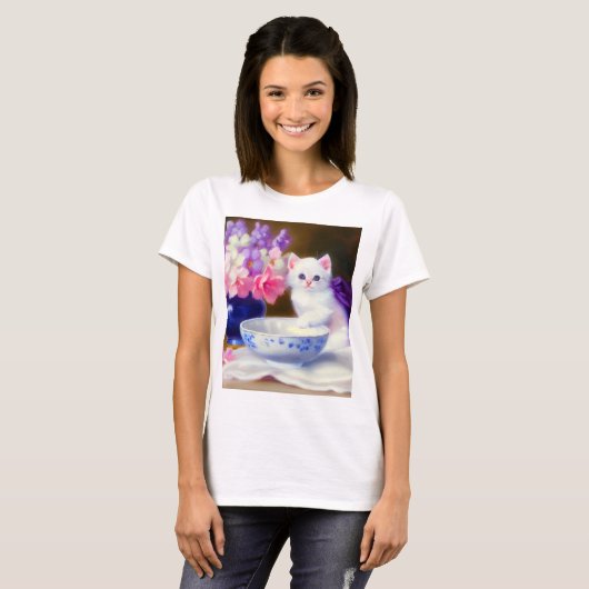  White Kitten met Paars lintje T-shirt (Voorkant volledig)