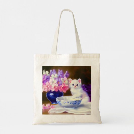  White Kitten met Paars lintje Tote Bag (Achterkant)