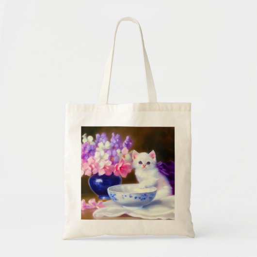  White Kitten met Paars lintje Tote Bag (Voorkant)
