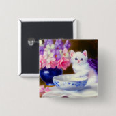 White Kitten met Paars lintje Vierkante Button 5,1 Cm (Voorkant /achterkant)