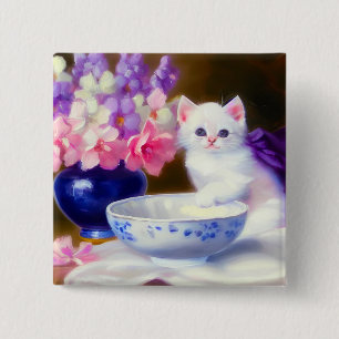  White Kitten met Paars lintje Vierkante Button 5,1 Cm