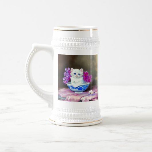  White Kitten met roze bloemen Bierpul (Links)