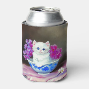 White Kitten met roze bloemen Blikjeskoeler