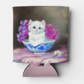 White Kitten met roze bloemen Blikjeskoeler (Voorkant)
