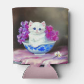 White Kitten met roze bloemen Blikjeskoeler (Achterkant)