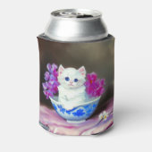 White Kitten met roze bloemen Blikjeskoeler (Blikje Achterkant)