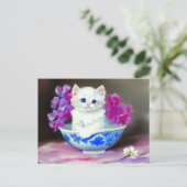 White Kitten met roze bloemen Briefkaart (Staand voorkant)