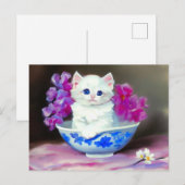White Kitten met roze bloemen Briefkaart (Voorkant / Achterkant)
