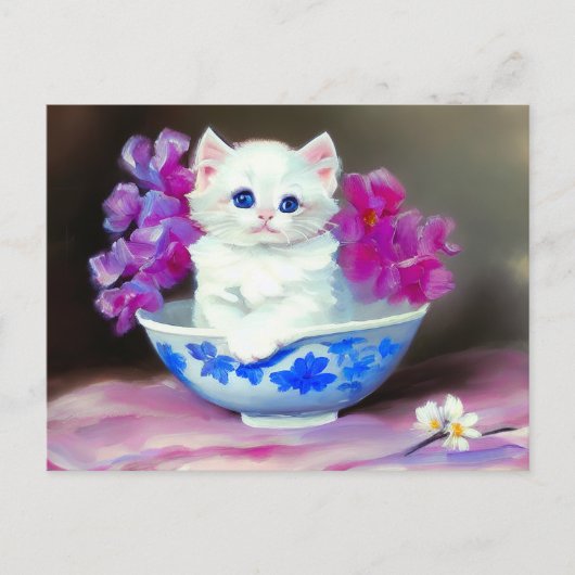 White Kitten met roze bloemen Briefkaart (Voorkant)