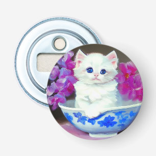 White Kitten met roze bloemen Button Flesopener