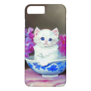 White Kitten met roze bloemen iPhone 8/7 Plus Hoesje