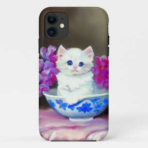 White Kitten met roze bloemen Case-Mate iPhone Case