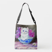 White Kitten met roze bloemen Crossbody Tas (Achterkant)