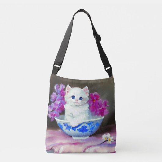 White Kitten met roze bloemen Crossbody Tas (Voorkant)
