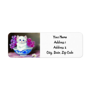  White Kitten met roze bloemen Etiket